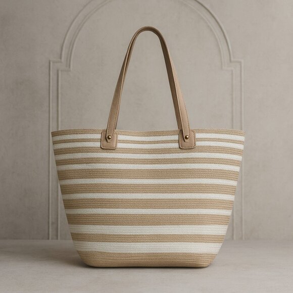 Neutral Woven Stripe Tote Bag – Coastal Chic Everyday Carryall - Picture 1 of 10